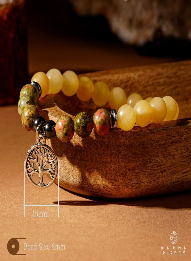 KARMAPLEDGE Triple Protection Crystal Bracelet, Handmade Celesite with Unakite Crystal Beads & Tree of Life Charm Bracelets for Women and Mens Positive Energy & Balance, Yoga, Chakra Healing, Crystal Gifts - Image 4
